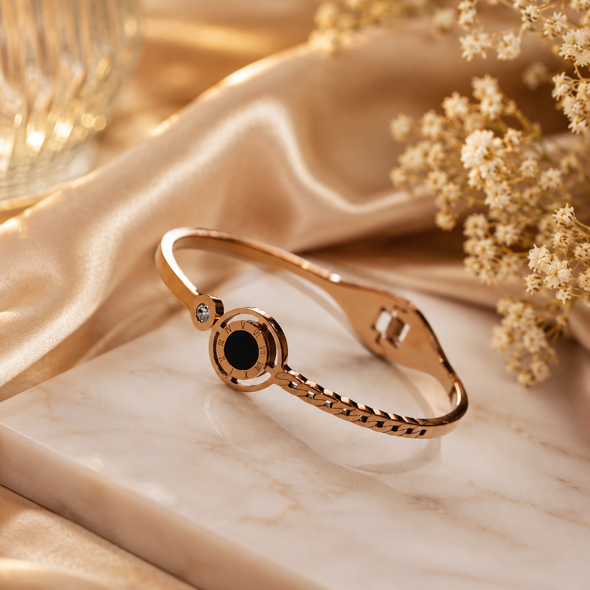 Rose Gold Plated Black Stone Kada