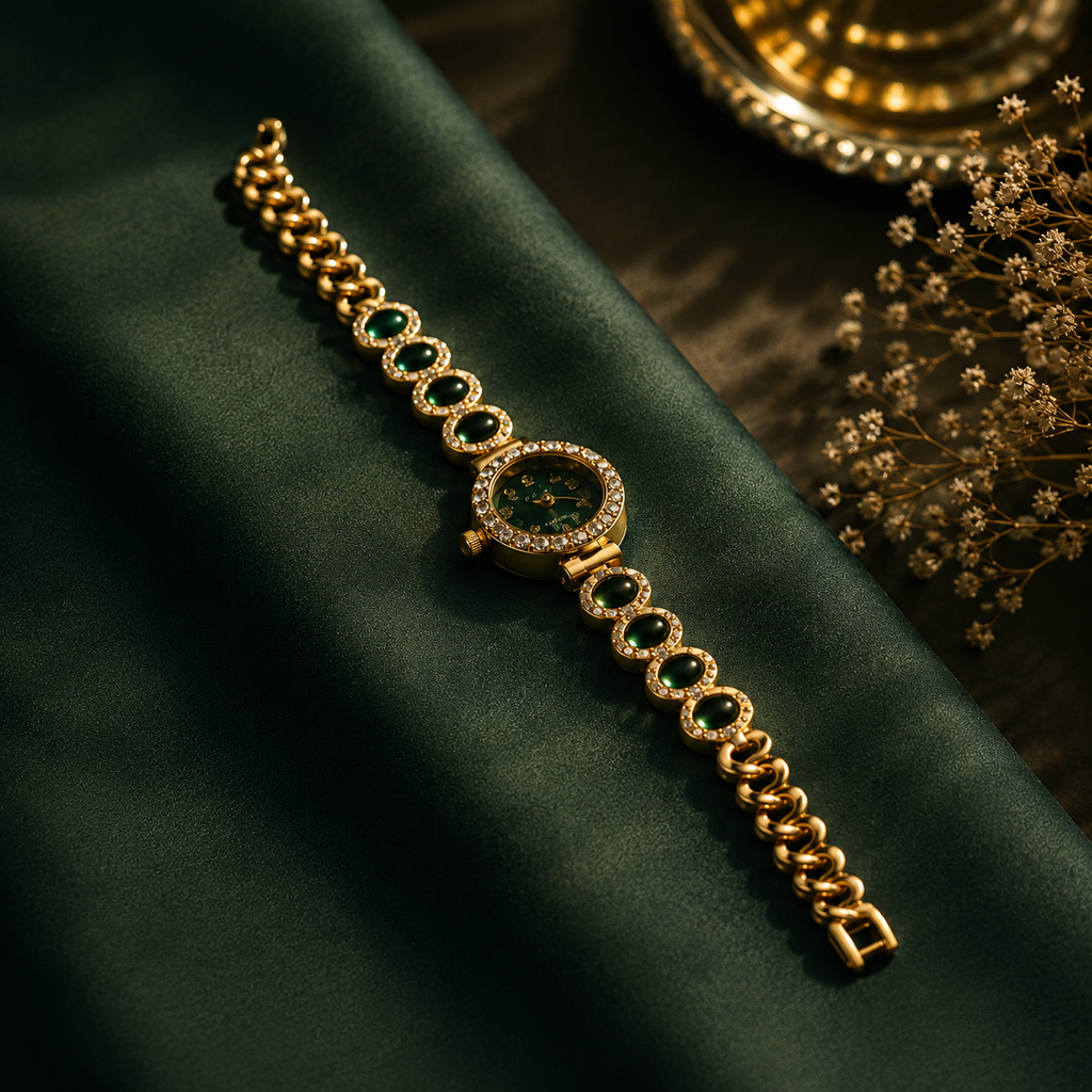 18K Gold Plated Green Stone Watche for Women