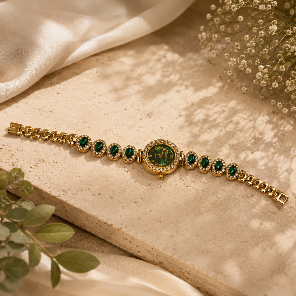 18K Gold Plated Green Stone Watche for Women