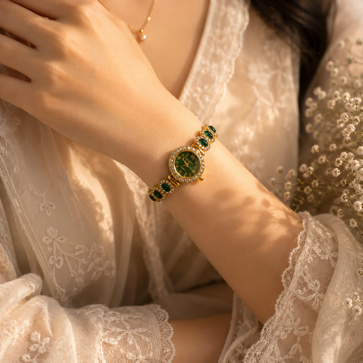 18K Gold Plated Green Stone Watche for Women