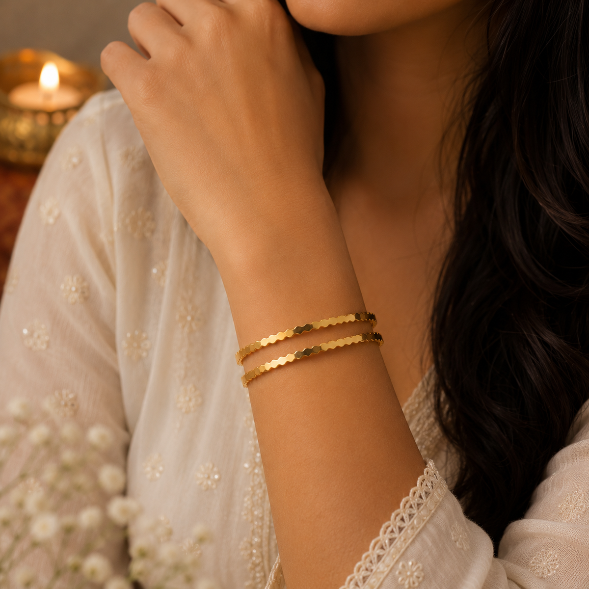 18K Gold Plated Textured Bangles for Women – Set of 2