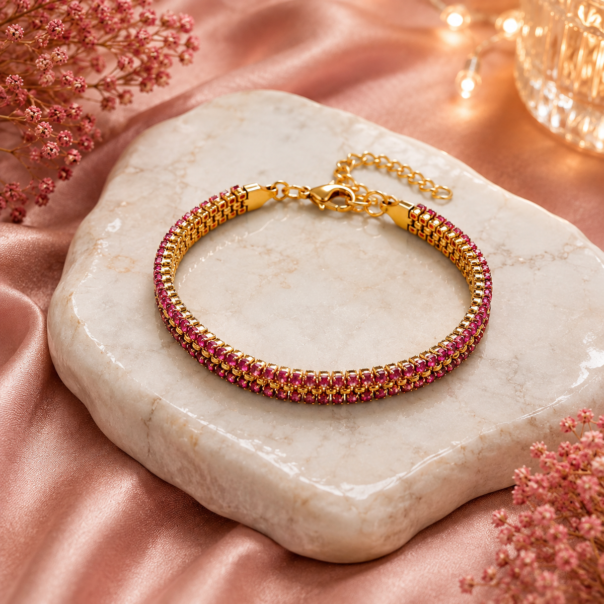 18K Gold Plated Pink Stone Bracelet for Women – Elegant Beaded Chain Bracelet