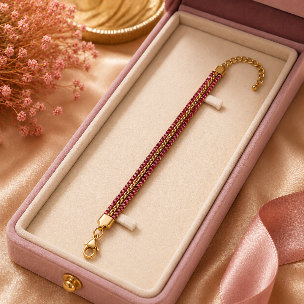 18K Gold Plated Pink Stone Bracelet for Women – Elegant Beaded Chain Bracelet