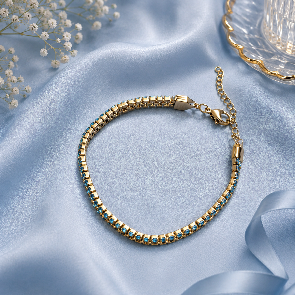 18K Gold Plated Blue Stone Bracelet for Women – Elegant Beaded Chain Bracelet