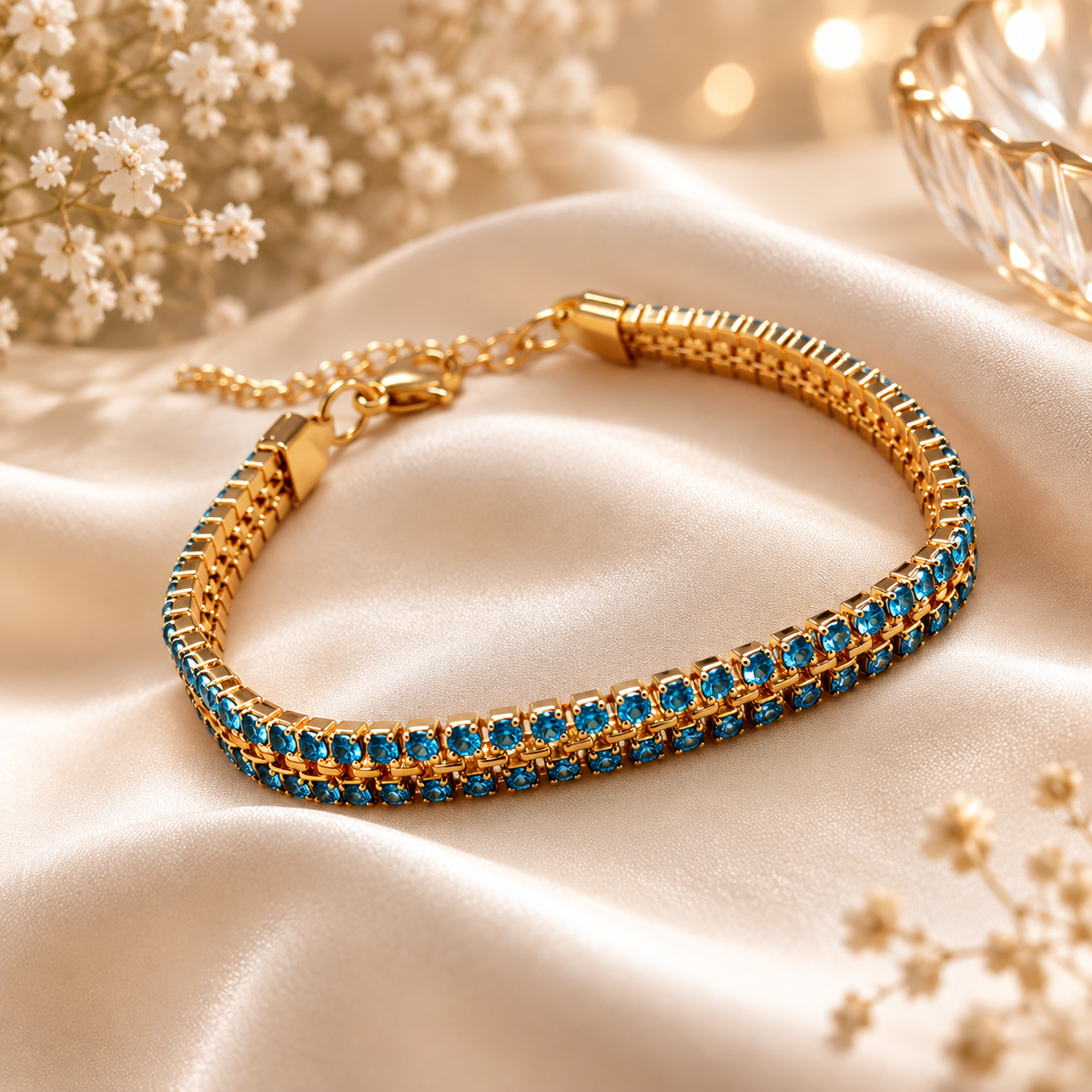 18K Gold Plated Blue Stone Bracelet for Women – Elegant Beaded Chain Bracelet