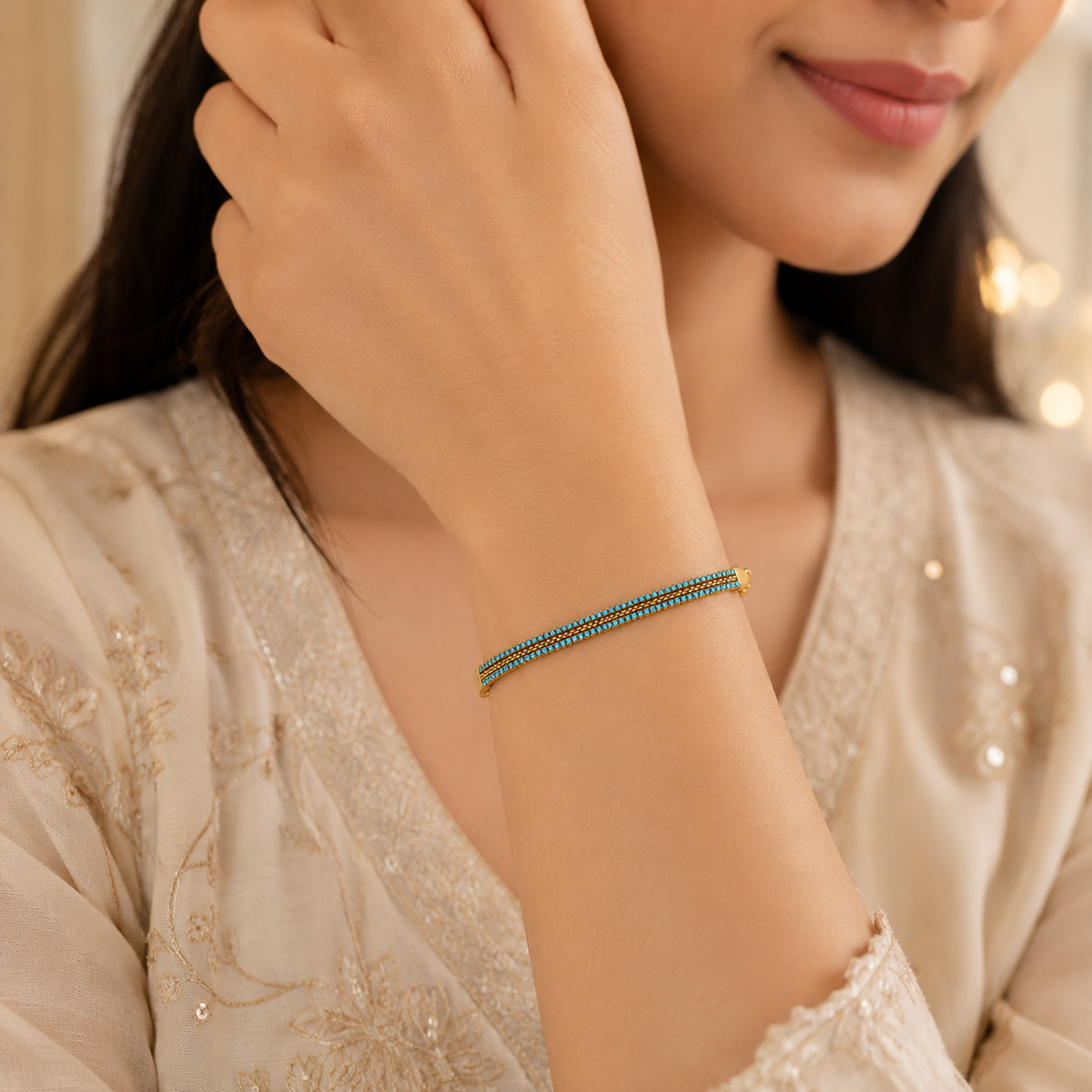 18K Gold Plated Blue Stone Bracelet for Women – Elegant Beaded Chain Bracelet