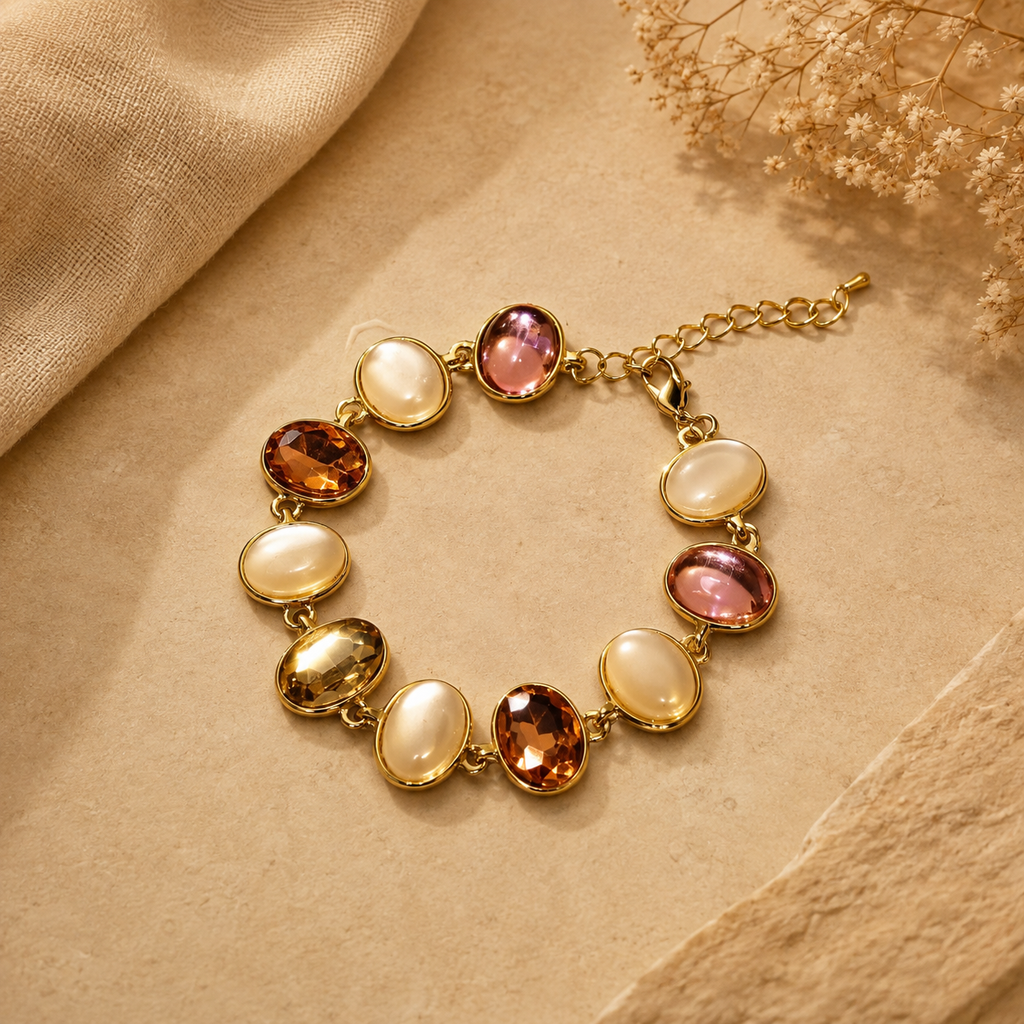 18K Gold Plated Pearl & Multicolor Stone Bracelet