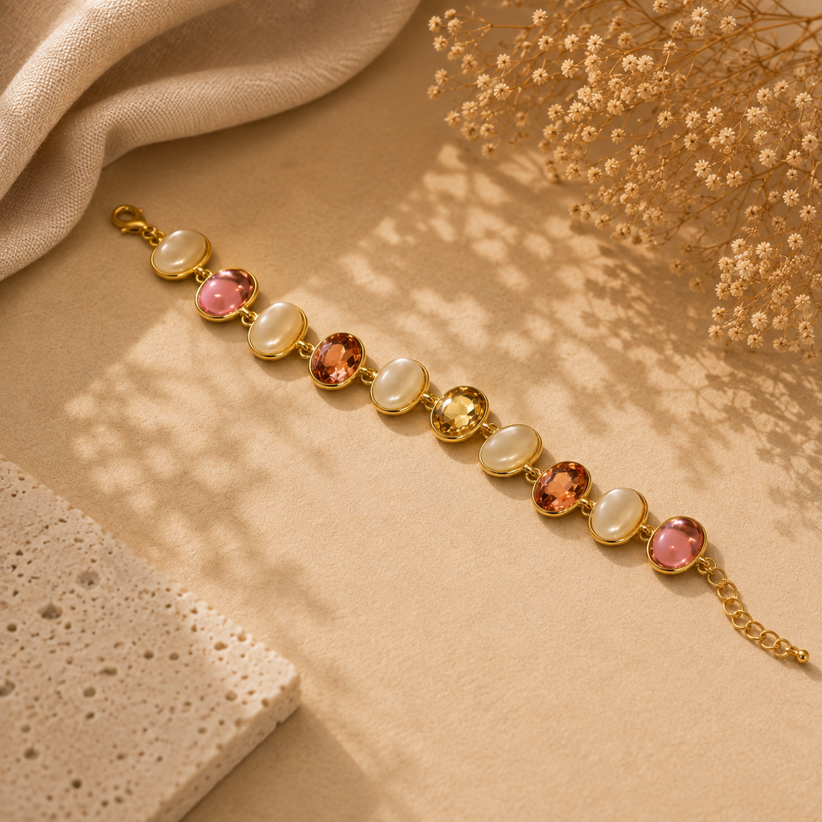 18K Gold Plated Pearl & Multicolor Stone Bracelet