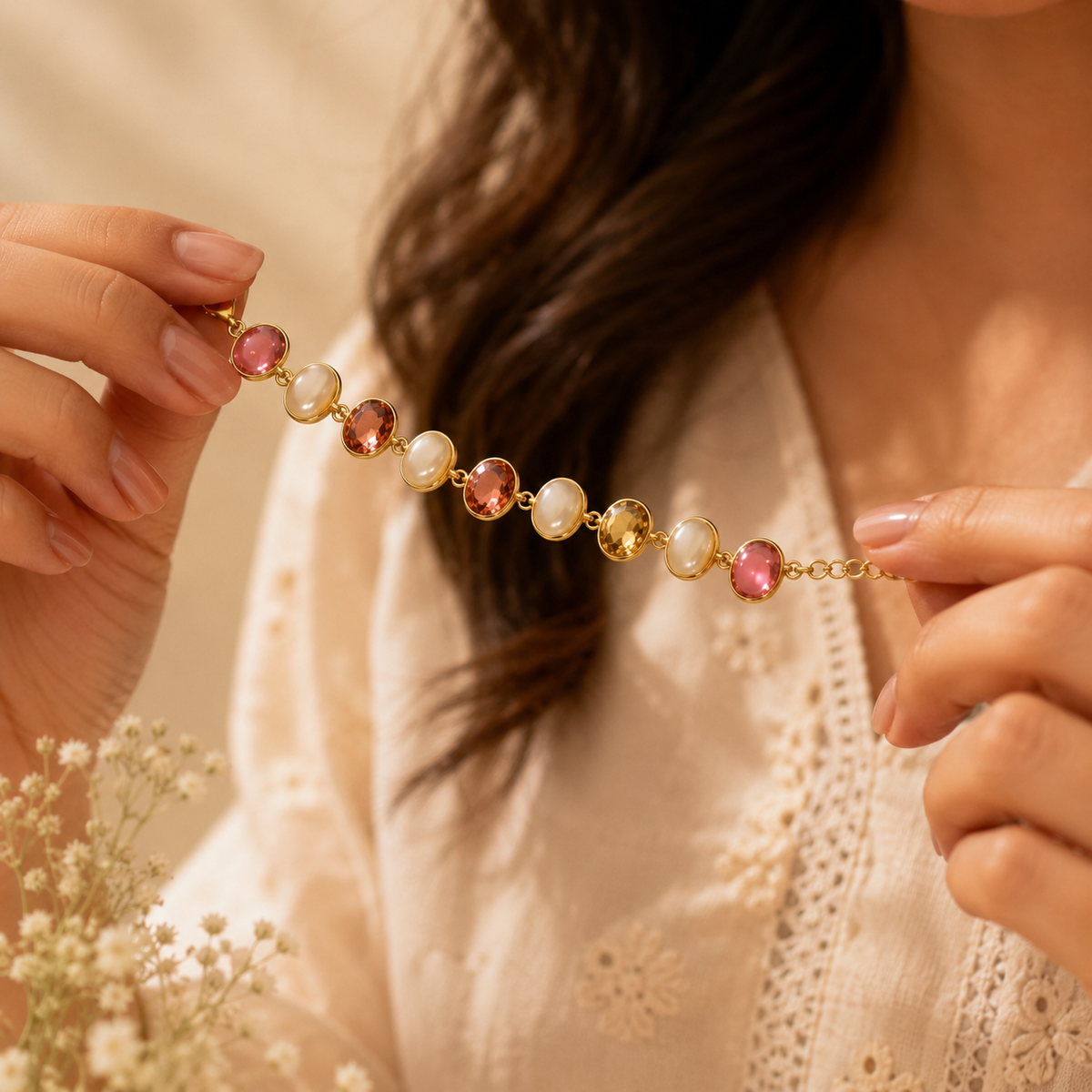 18K Gold Plated Pearl & Multicolor Stone Bracelet