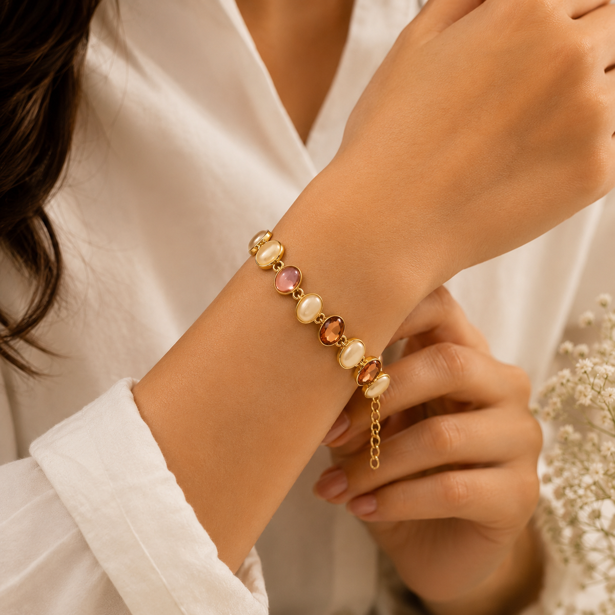 18K Gold Plated Pearl & Multicolor Stone Bracelet