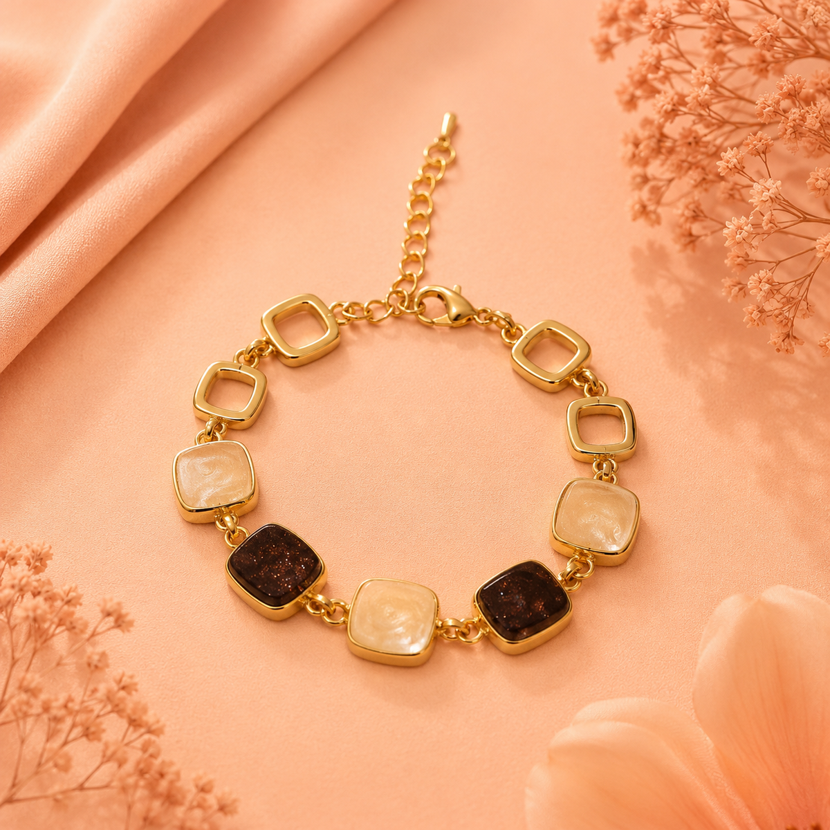 18K Gold Plated Black & Pearl Stone Link Bracelet