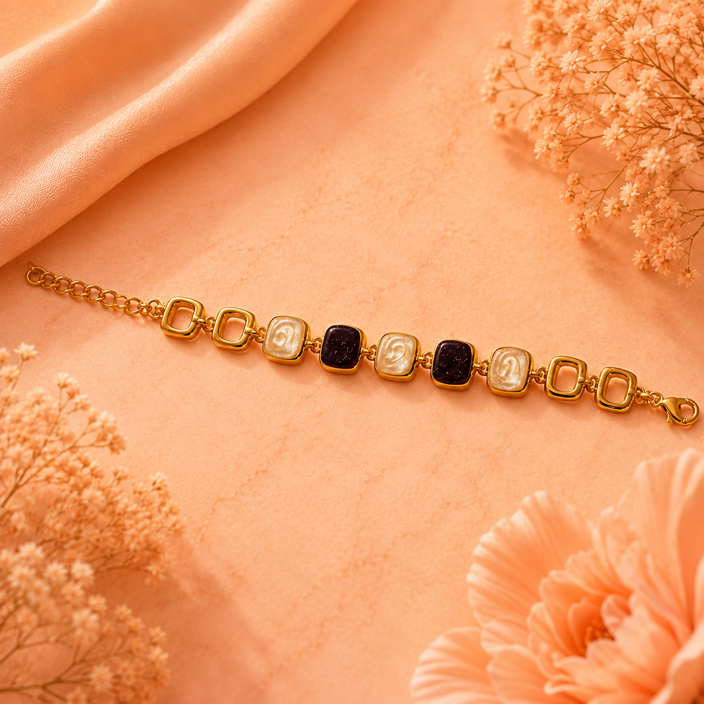 18K Gold Plated Black & Pearl Stone Link Bracelet