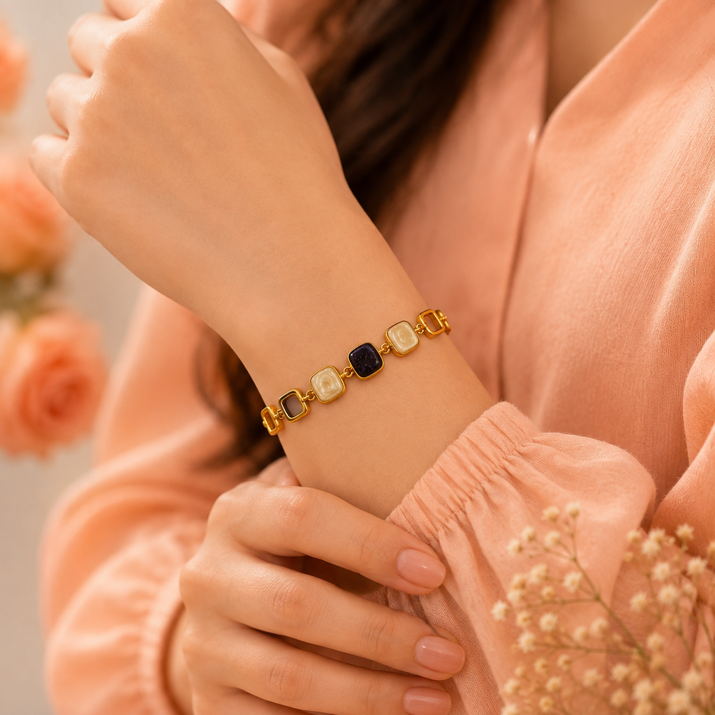 18K Gold Plated Black & Pearl Stone Link Bracelet