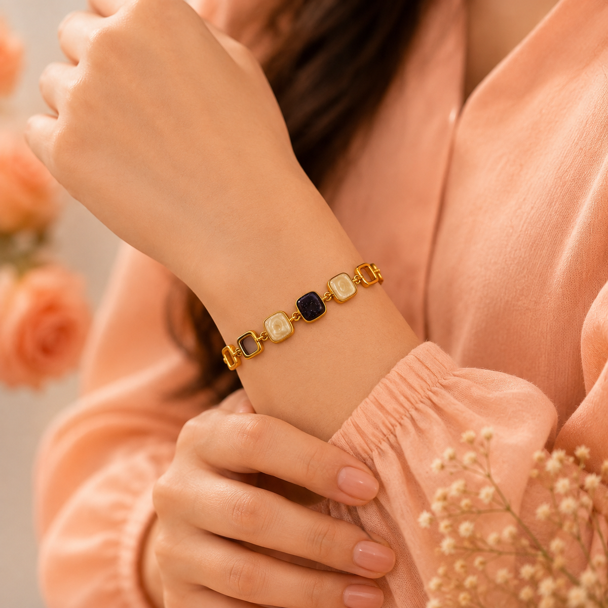 18K Gold Plated Black & Pearl Stone Link Bracelet