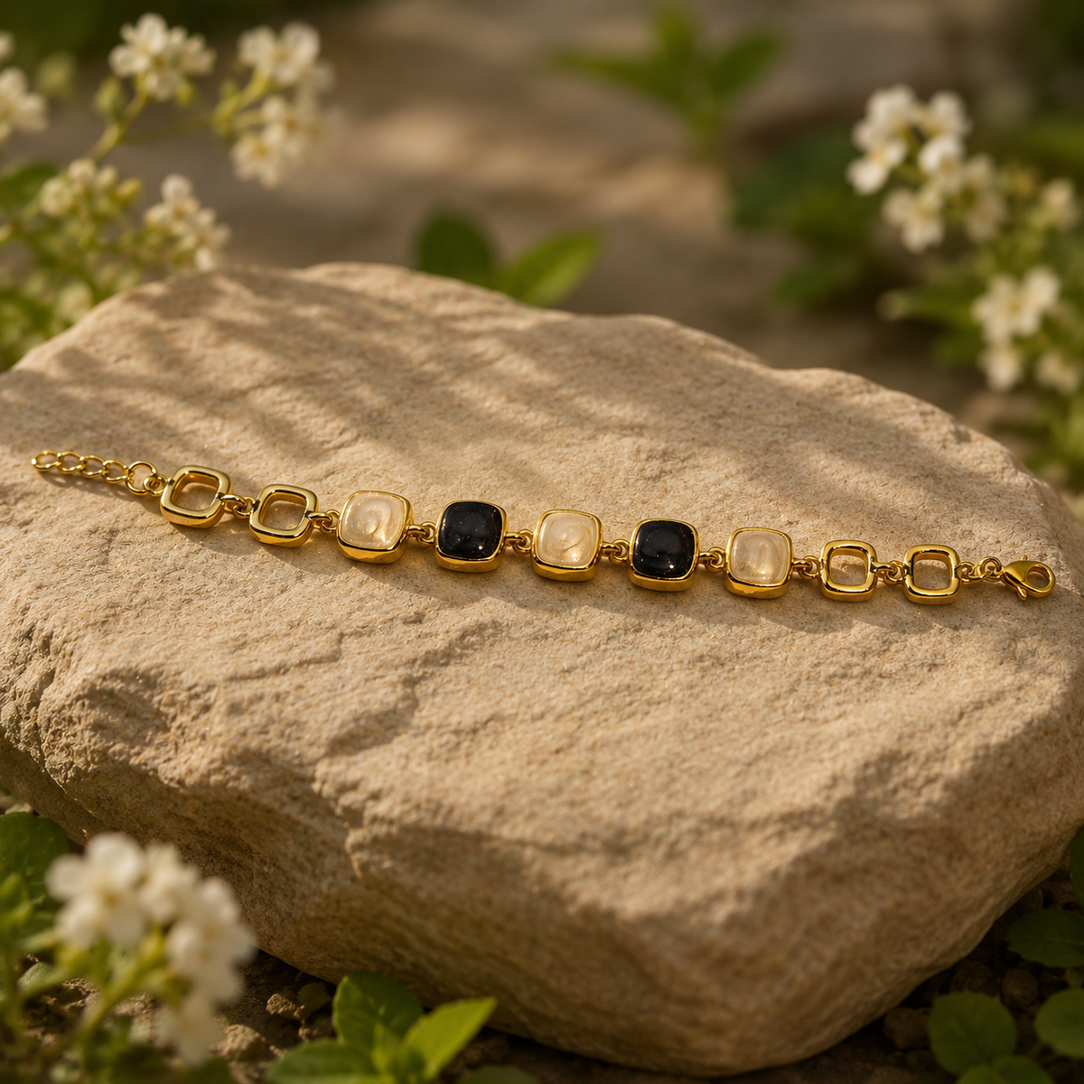 18K Gold Plated Black & Pearl Stone Link Bracelet