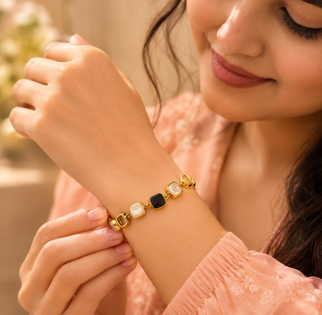 18K Gold Plated Black & Pearl Stone Link Bracelet