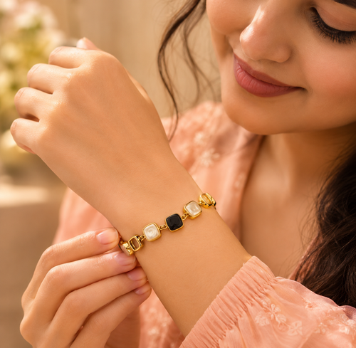 18K Gold Plated Black & Pearl Stone Link Bracelet