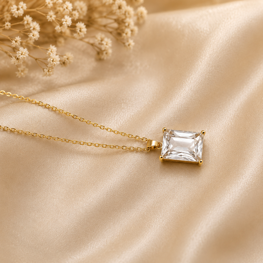 18K Gold Plated Crystal Rectangle Pendant Necklace