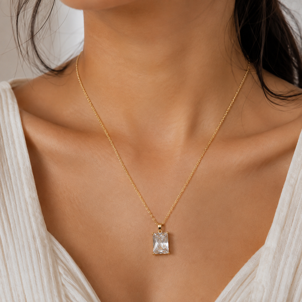 18K Gold Plated Crystal Rectangle Pendant Necklace