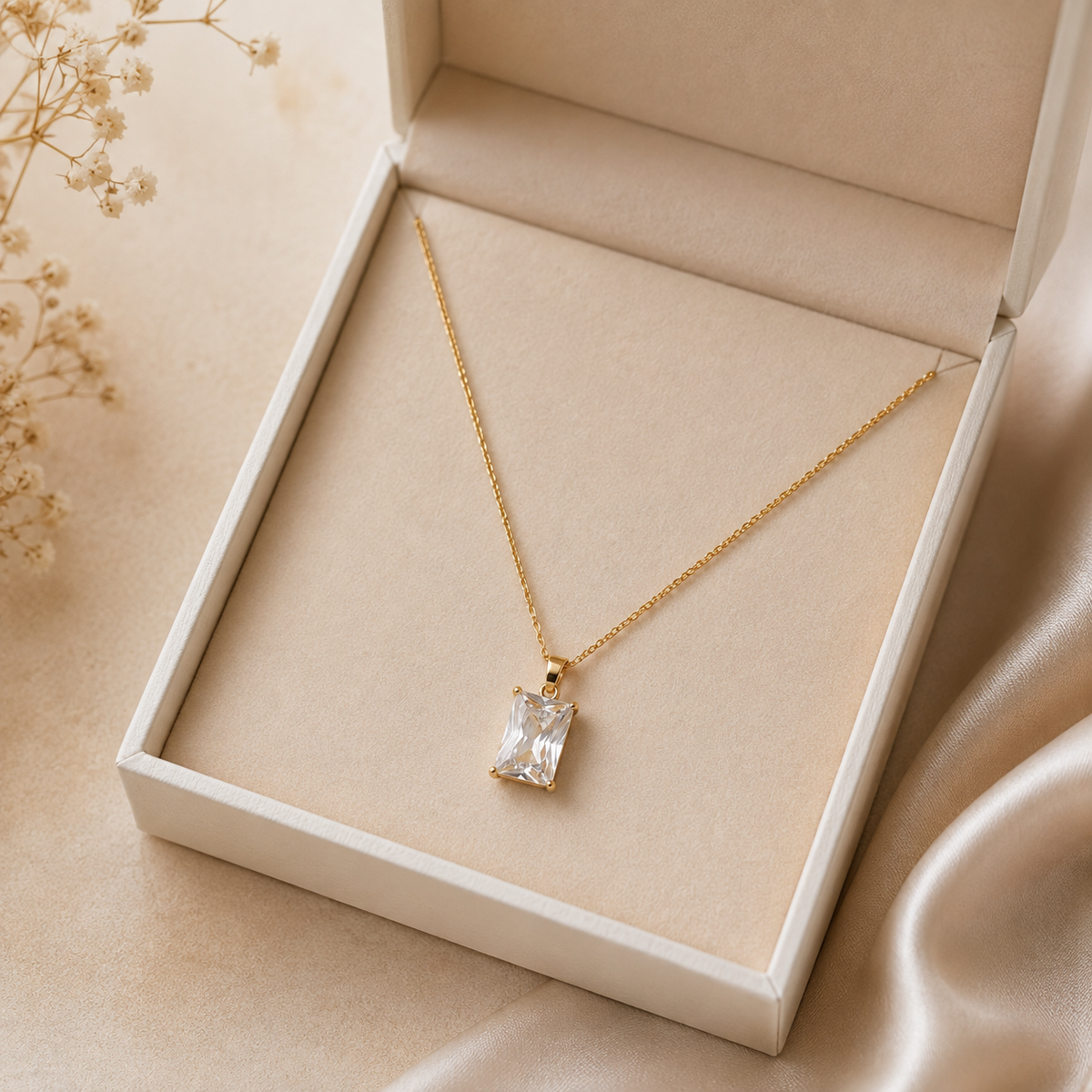 18K Gold Plated Crystal Rectangle Pendant Necklace