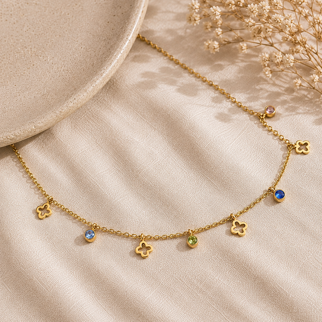 18K Gold Plated Clover Charm Multicolor Crystal Necklace