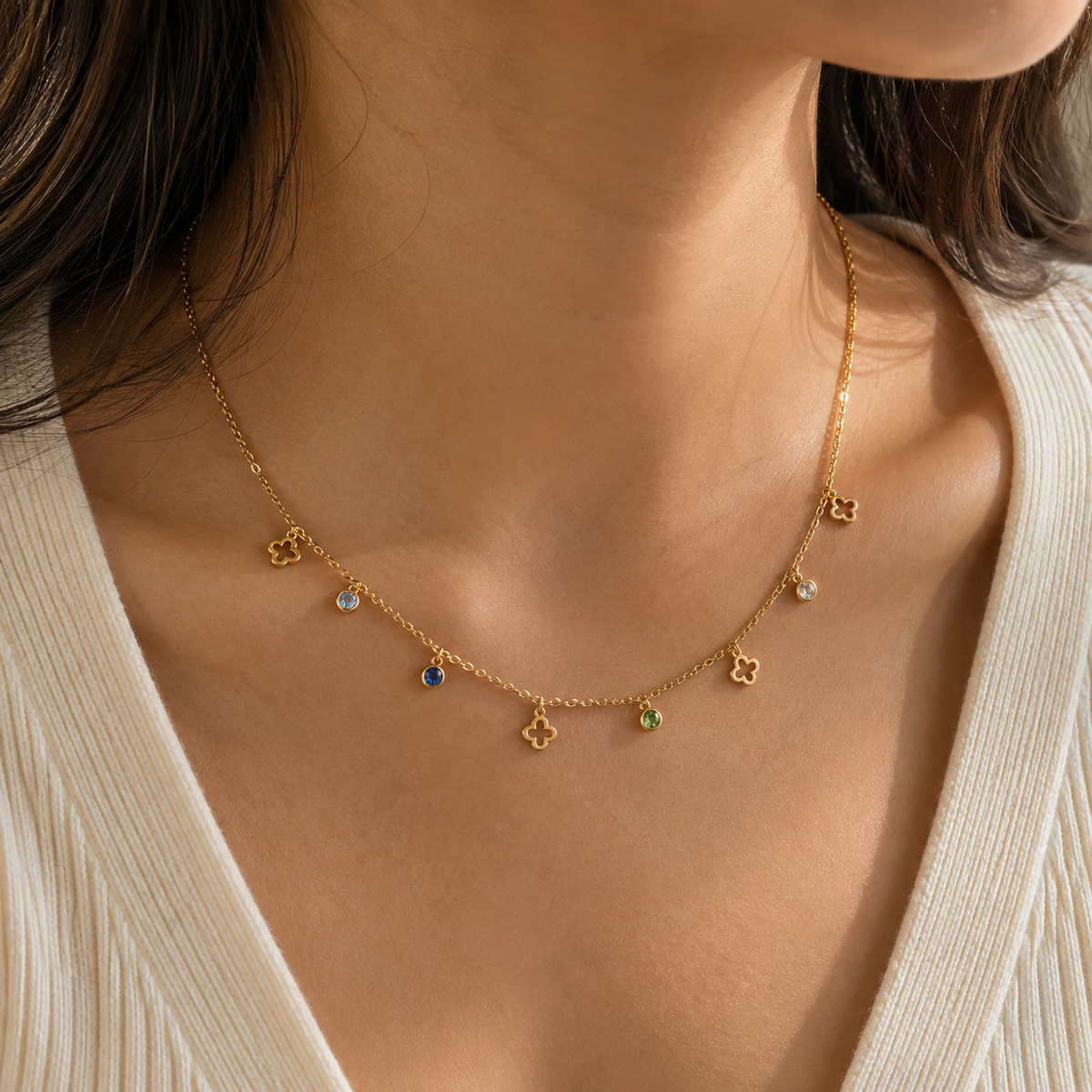 18K Gold Plated Clover Charm Multicolor Crystal Necklace