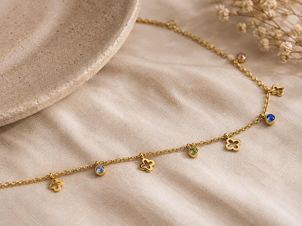 18K Gold Plated Clover Charm Multicolor Crystal Necklace