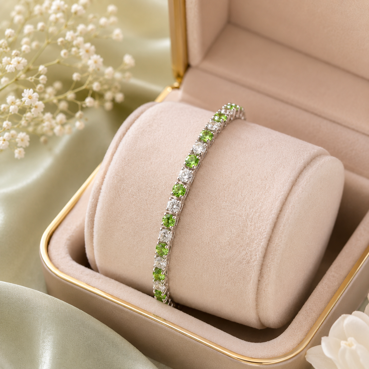 Green Stone Tennis Bracelet – Silver Finish