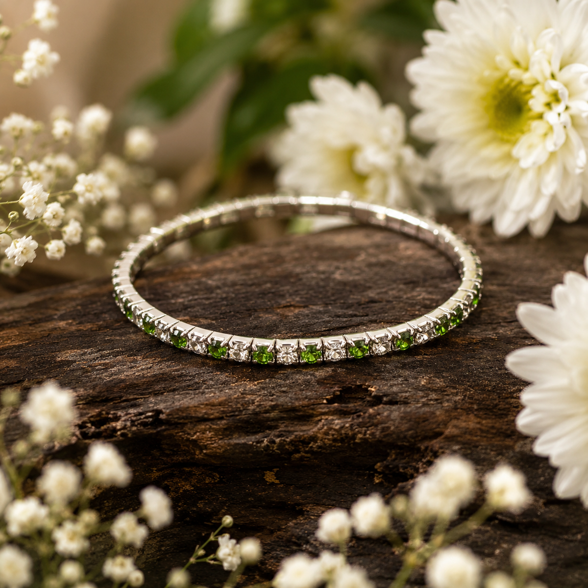 Green Stone Tennis Bracelet – Silver Finish