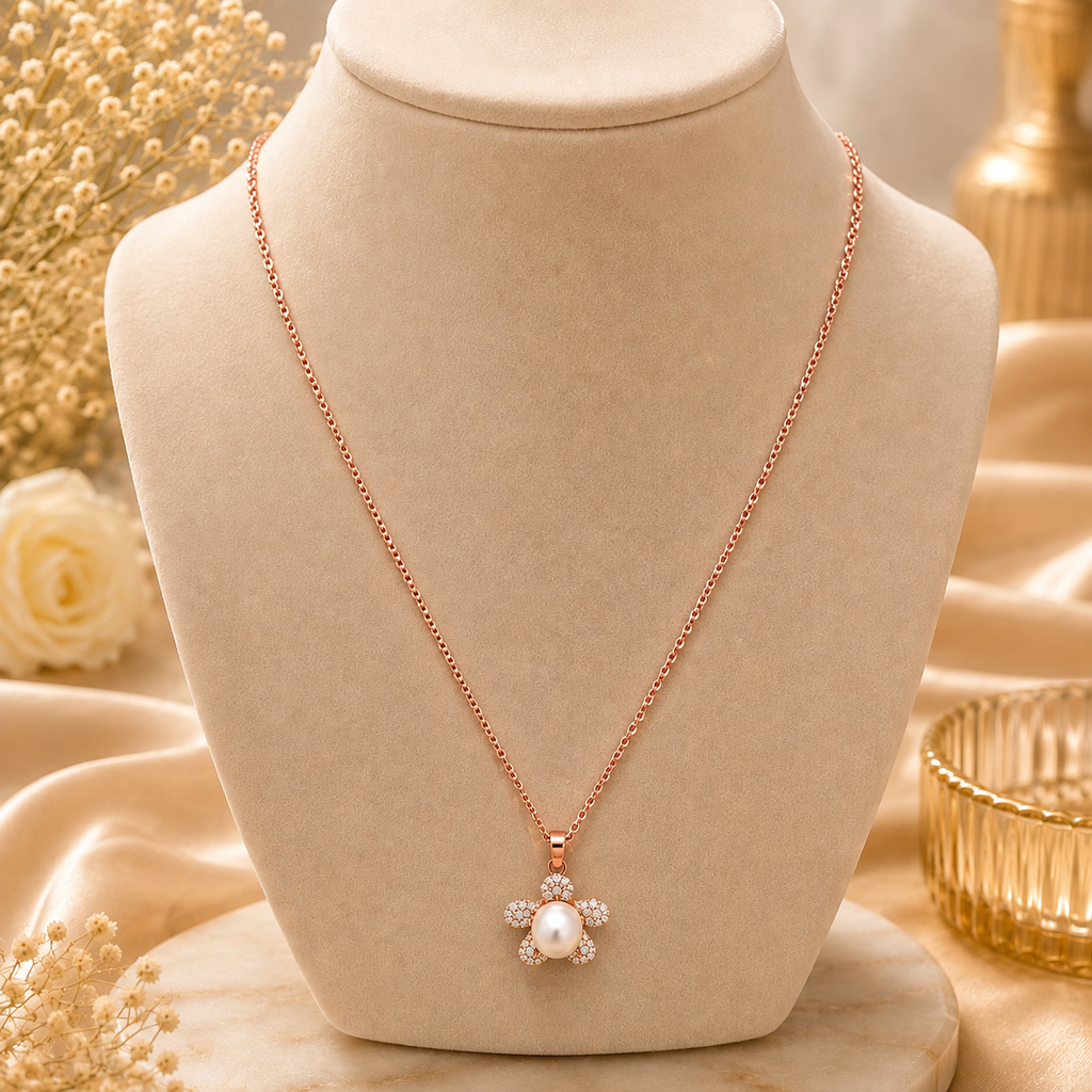Rose Gold Floral Pearl Pendant Necklace