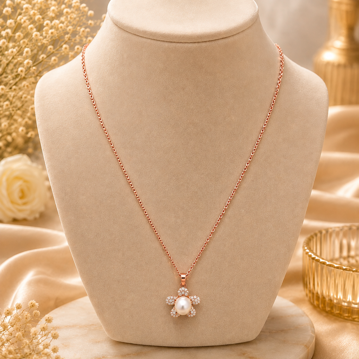 Rose Gold Floral Pearl Pendant Necklace
