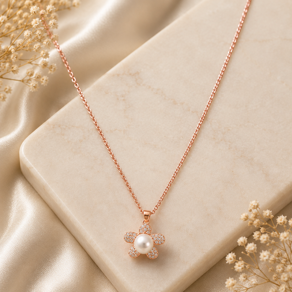 Rose Gold Floral Pearl Pendant Necklace