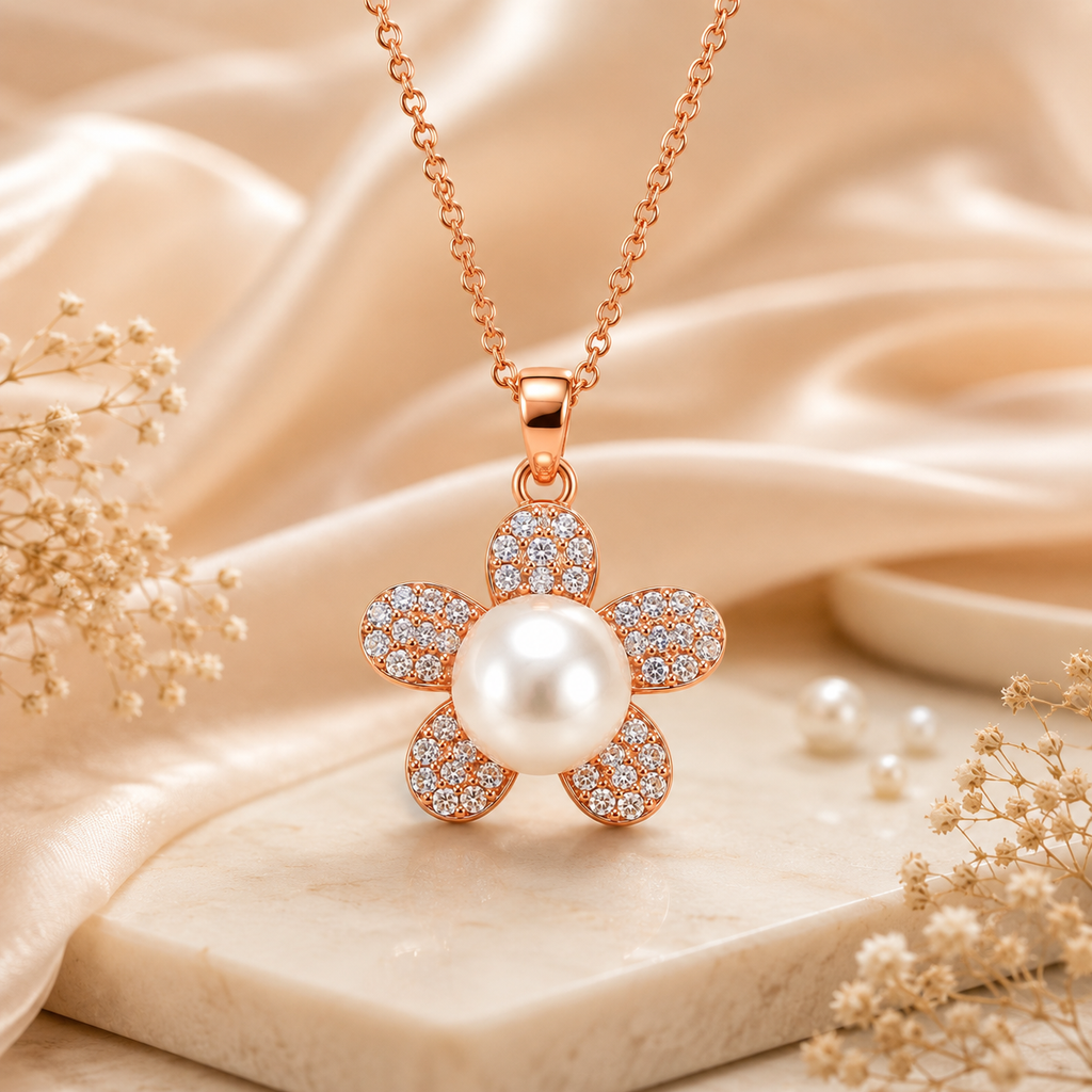 Rose Gold Floral Pearl Pendant Necklace