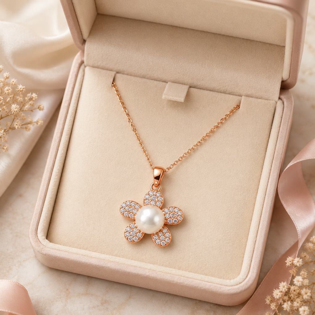 Rose Gold Floral Pearl Pendant Necklace