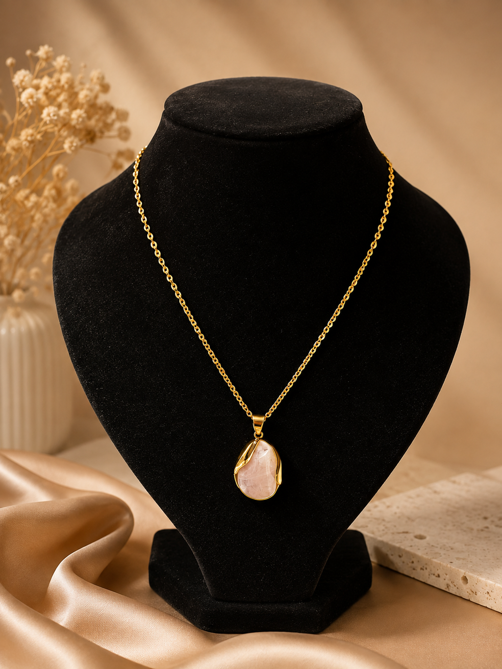 18K Gold Plated Pink Stone Teardrop Pendant Necklace