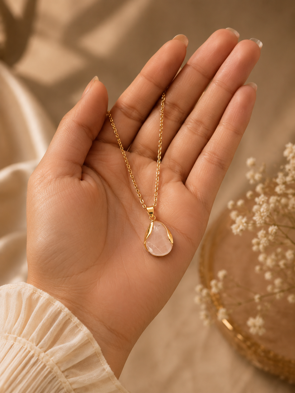 18K Gold Plated Pink Stone Teardrop Pendant Necklace