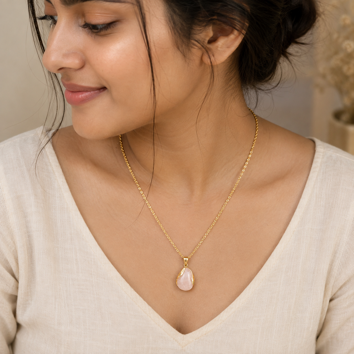 18K Gold Plated Pink Stone Teardrop Pendant Necklace