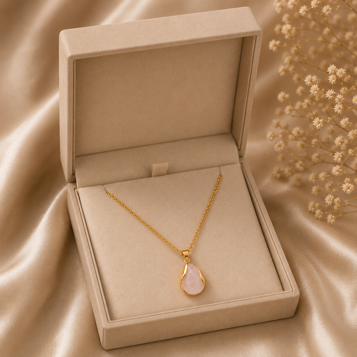 18K Gold Plated Pink Stone Teardrop Pendant Necklace