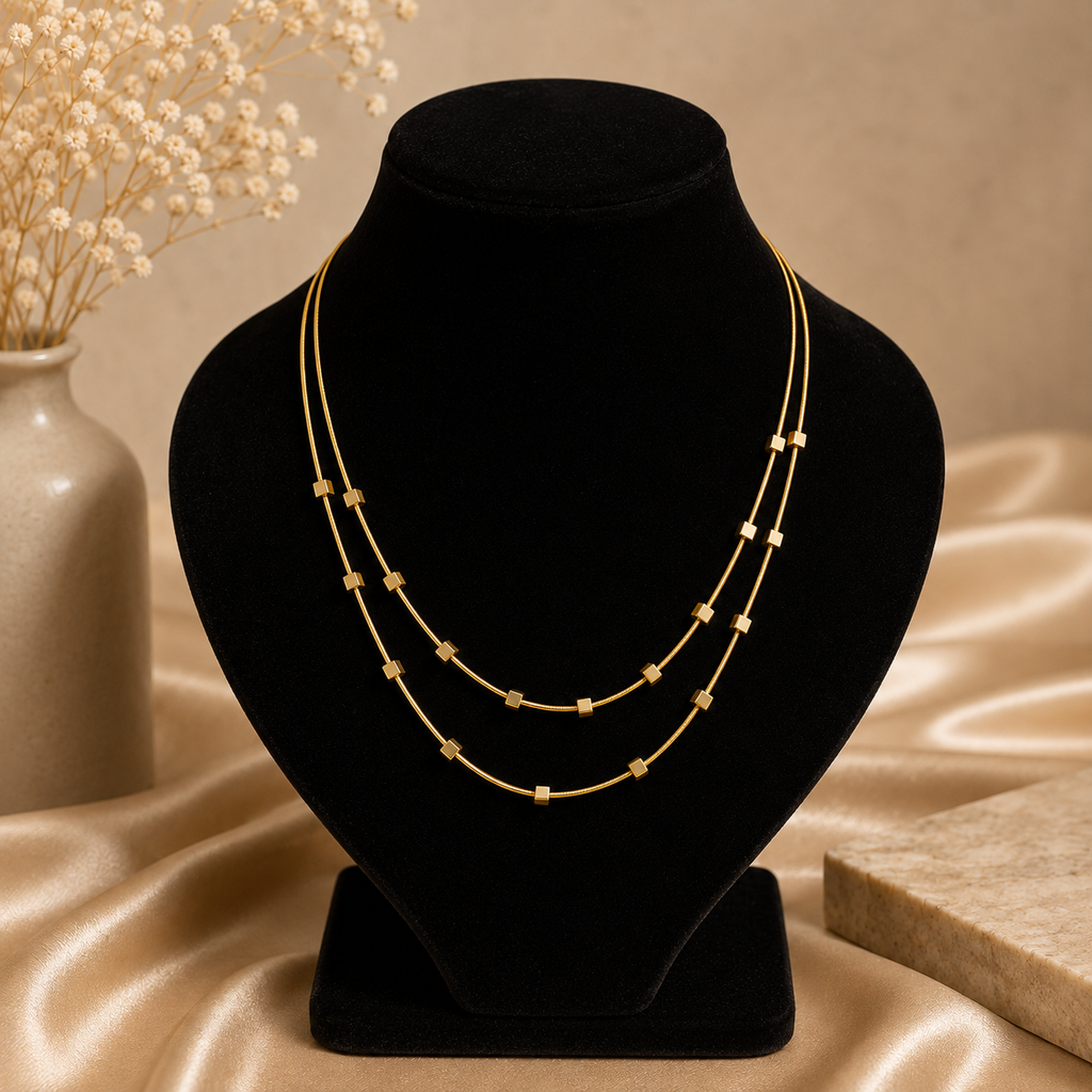 18K Gold Plated Double Layer Square Bead Necklace