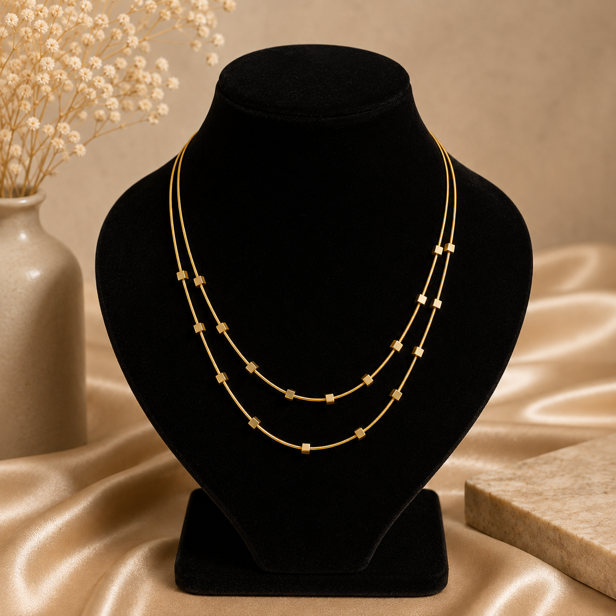 18K Gold Plated Double Layer Square Bead Necklace