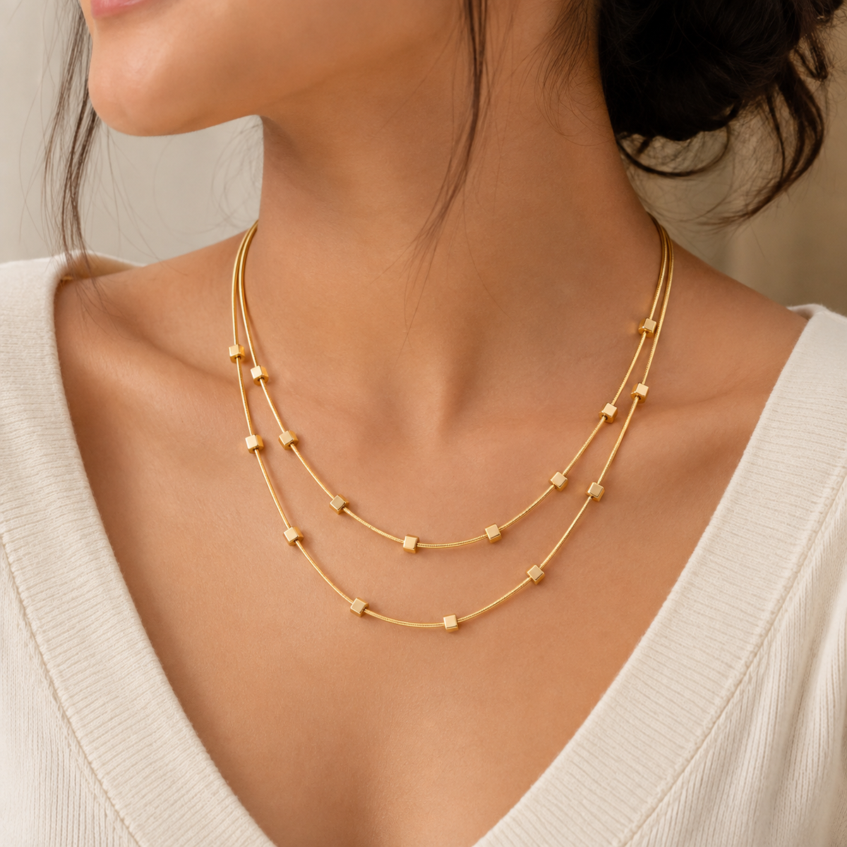 18K Gold Plated Double Layer Square Bead Necklace