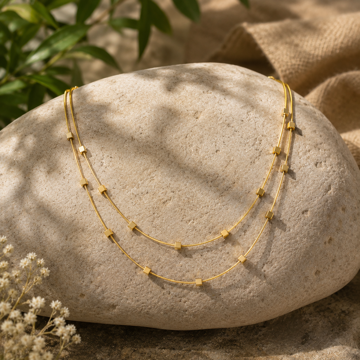 18K Gold Plated Double Layer Square Bead Necklace