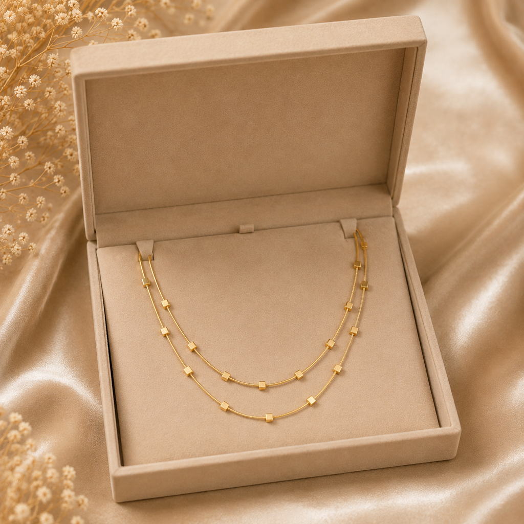 18K Gold Plated Double Layer Square Bead Necklace