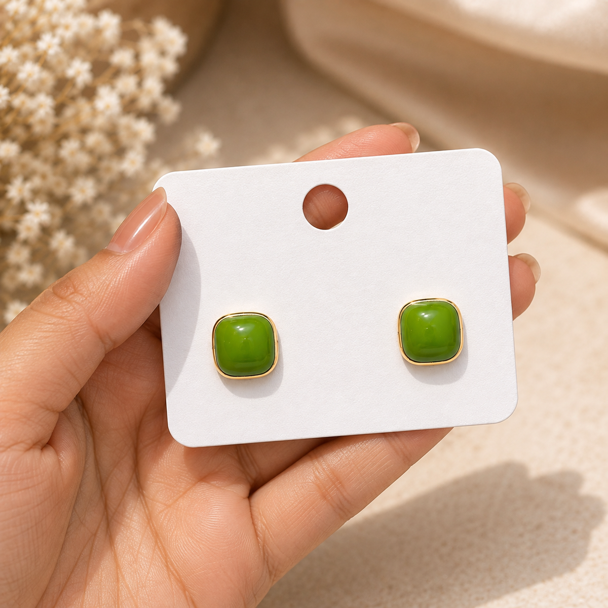 18K Gold Plated Green Square Stud Earrings