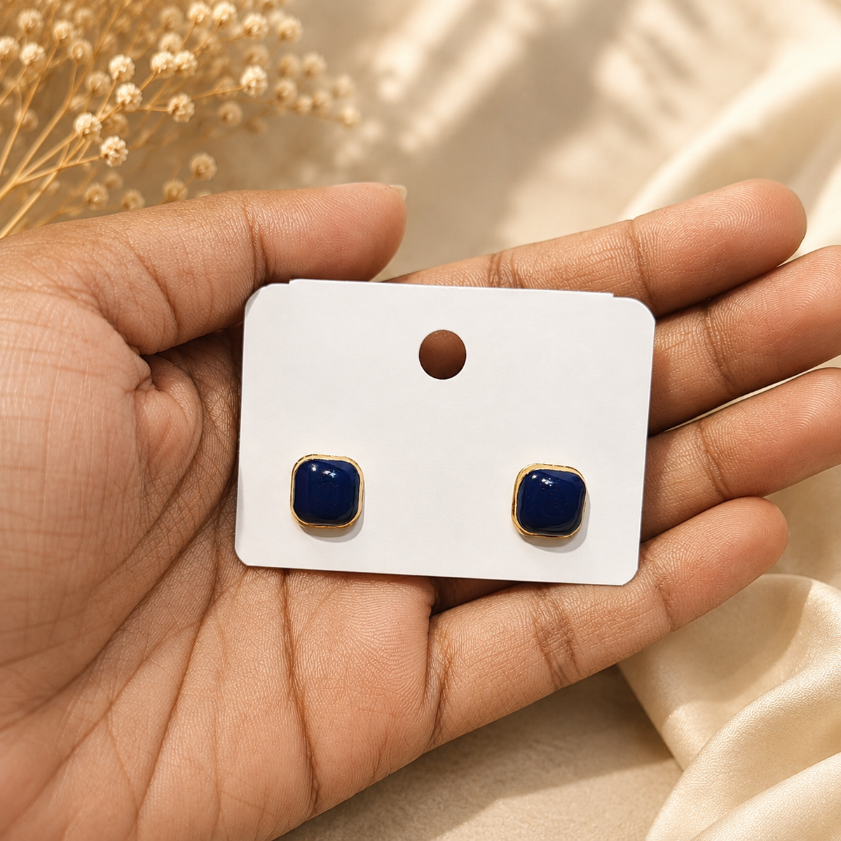 18K Gold Plated Navy Blue Square Stud Earrings