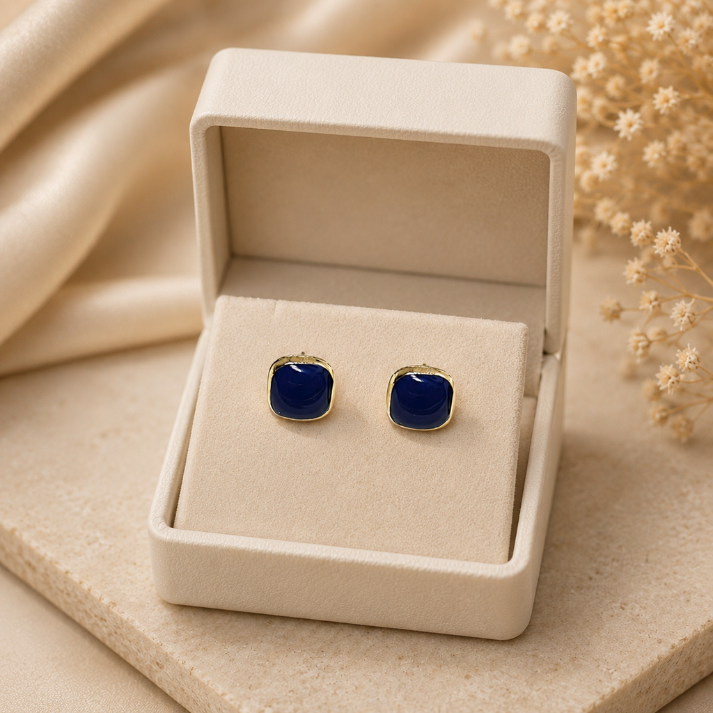 18K Gold Plated Navy Blue Square Stud Earrings