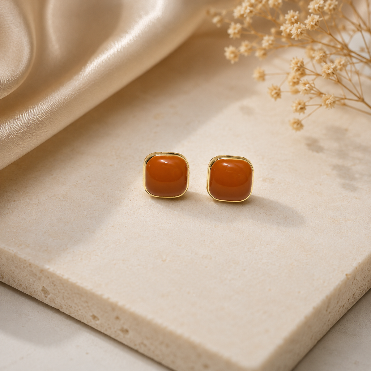 18K Gold Plated Orange Square Stud Earrings