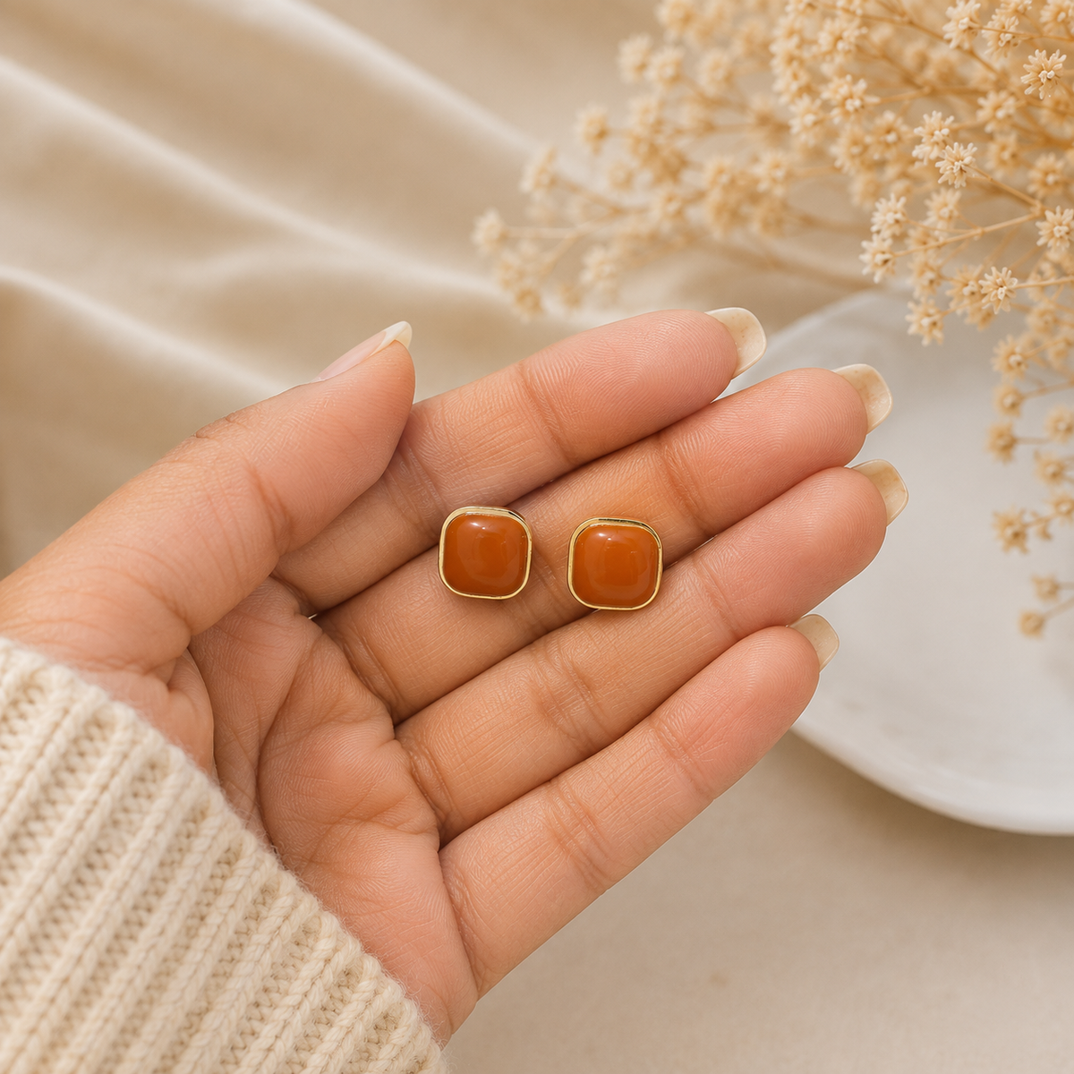 18K Gold Plated Orange Square Stud Earrings