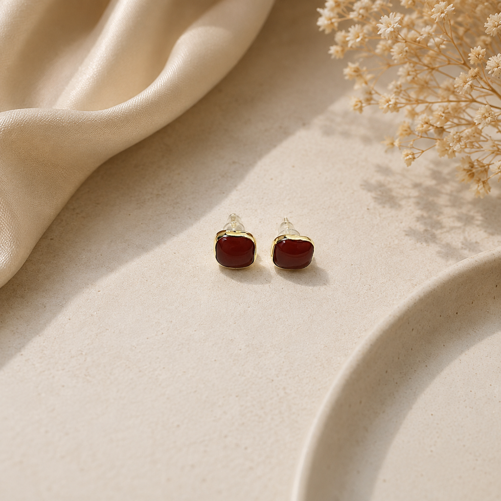 18K Gold Plated Maroon Square Stud Earrings