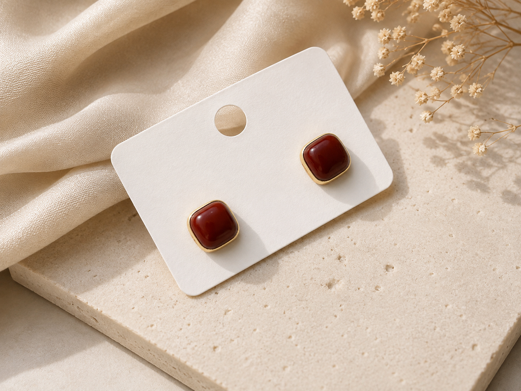 18K Gold Plated Maroon Square Stud Earrings